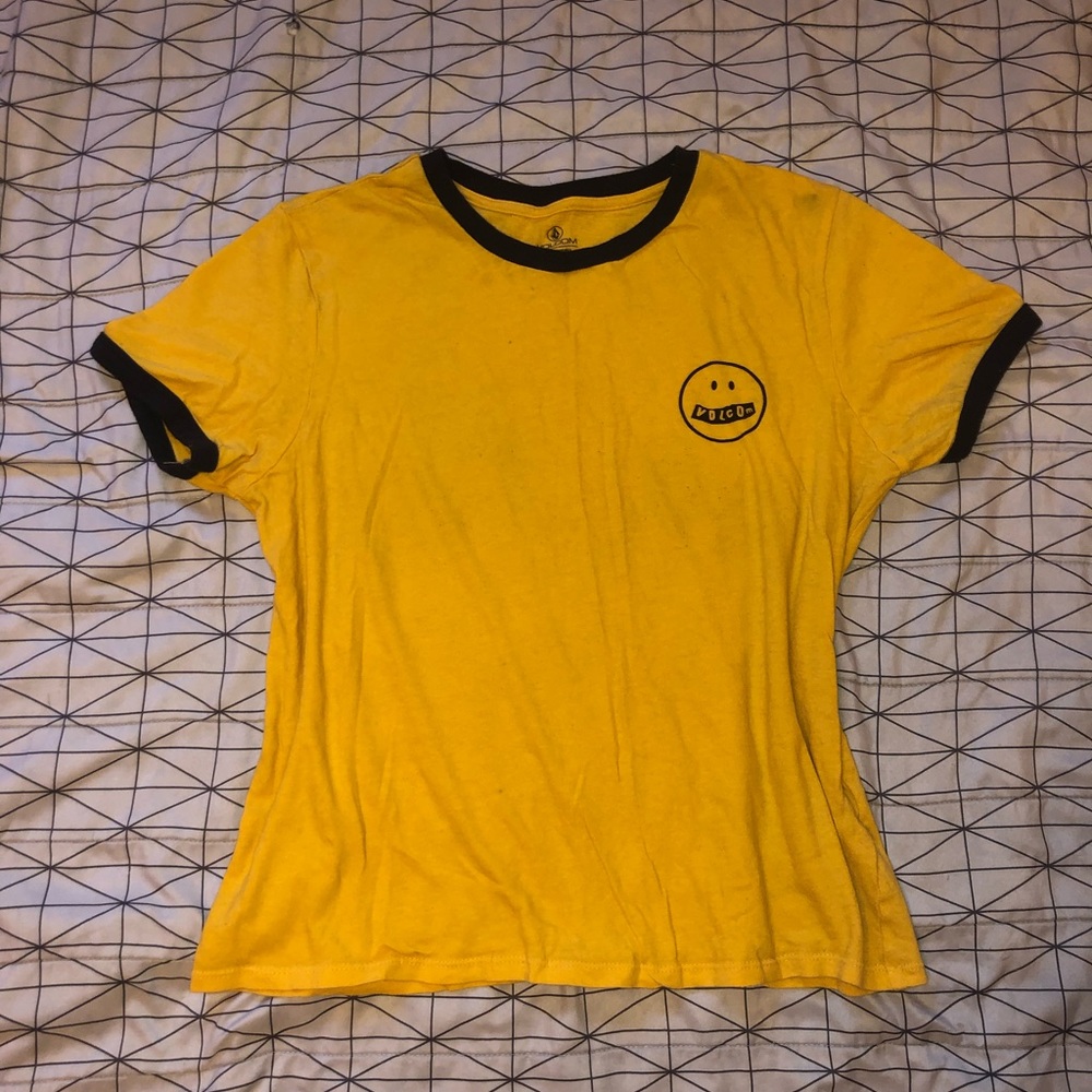 Yellow smiley face ringer tee